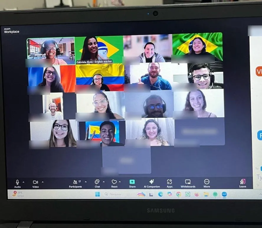 Aulão pelo Zoom com 17 câmeras abertas, várias com bandeiras do Brasil e de outros países no fundo