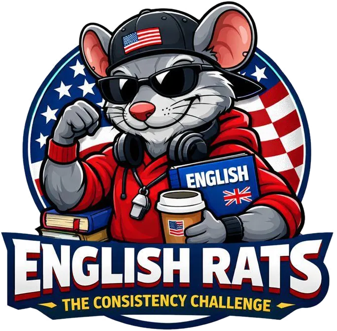 Logo do English Rats, The Consistency Challenge: um ratinho de boné e óculos escuros com um livro de inglês e um café